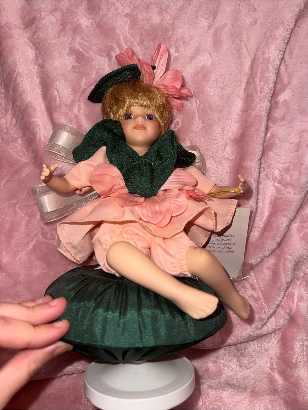 Porcelain Flower Fairy Doll in Pink with Dark Green Accents